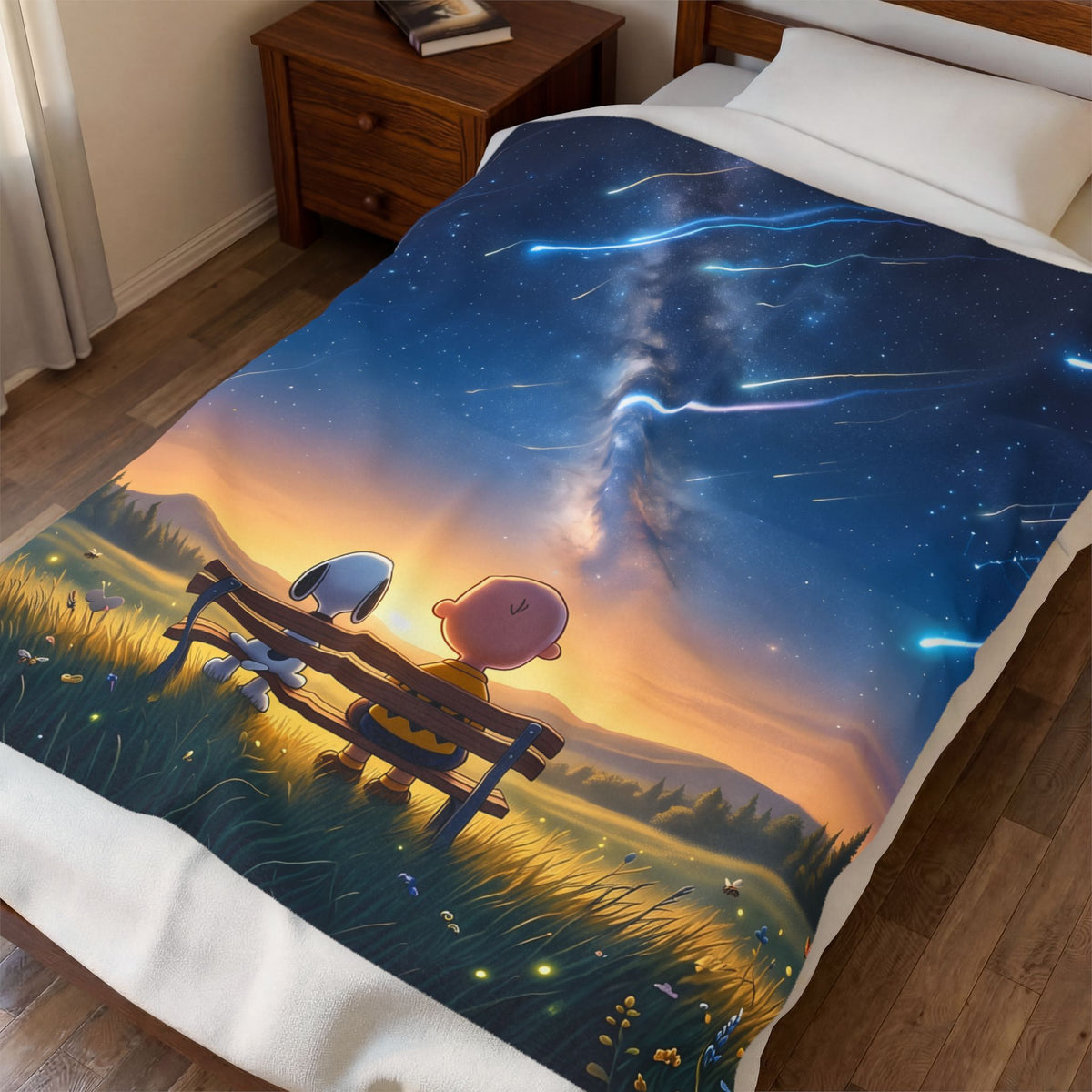 Starry Night Friends Velveteen Plush Blanket — Meteor Shower Illustration