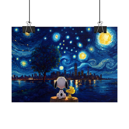 Starry Night Comic Pup Poster – Cute Van Gogh Style Rolled Art Print