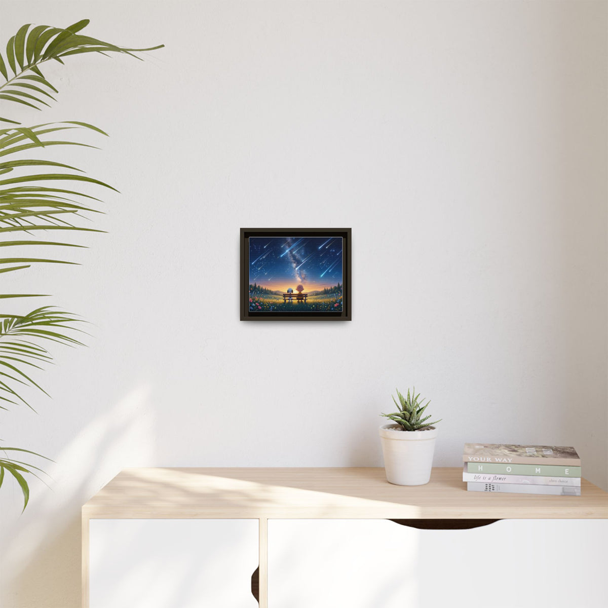 Framed Canvas Art - Romantic Starfall Bench Scene