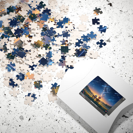 Starry Night Bench Jigsaw Puzzle — Cute Couple Meteor Shower Puzzle (110–1014 Pieces)