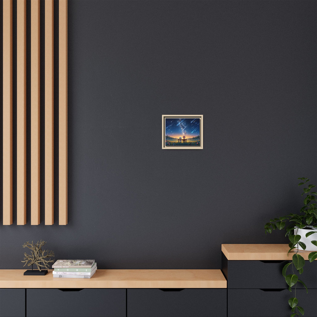 Framed Canvas Art - Romantic Starfall Bench Scene
