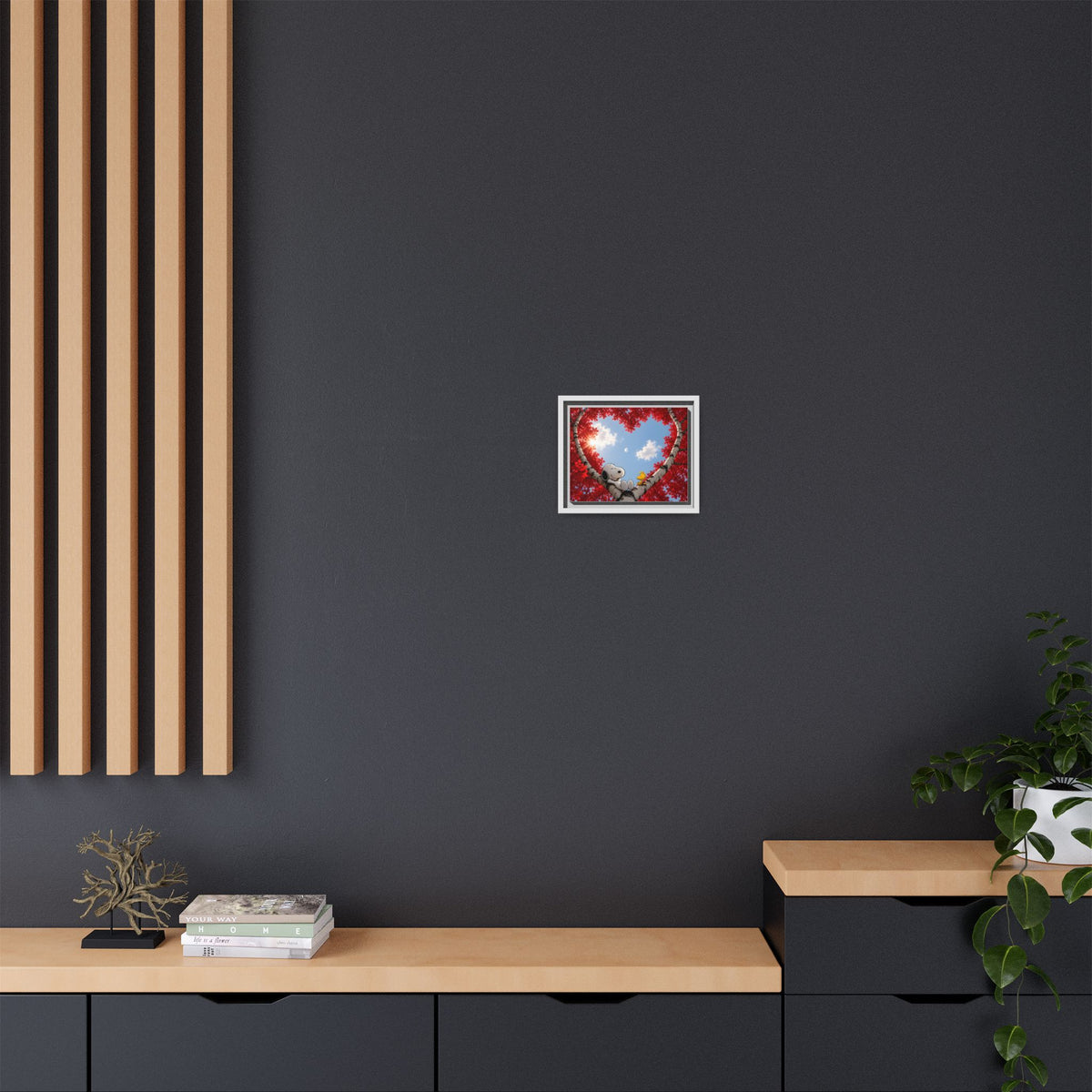 Romantic Heart Tree Framed Canvas — Red Autumn Comic Pup Wall Art