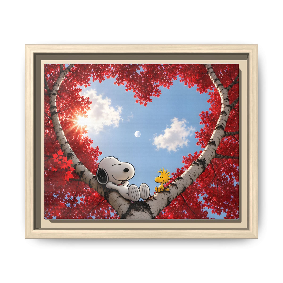 Romantic Heart Tree Framed Canvas — Red Autumn Comic Pup Wall Art