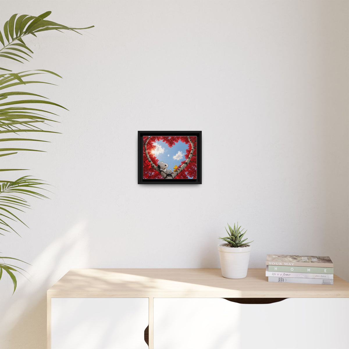 Romantic Heart Tree Framed Canvas — Red Autumn Comic Pup Wall Art