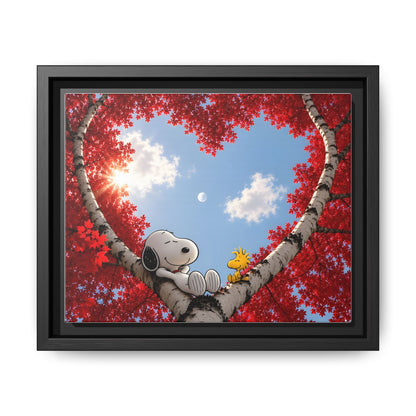 Romantic Heart Tree Framed Canvas — Red Autumn Comic Pup Wall Art