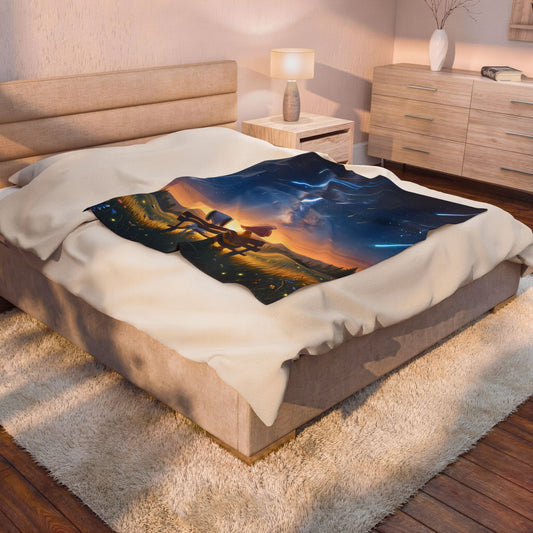 Starry Night Friends Velveteen Plush Blanket — Meteor Shower Illustration