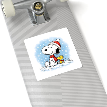 Winter Kiss-Cut Sticker — Holiday Snow Scene Comic Pup Laptop Decal