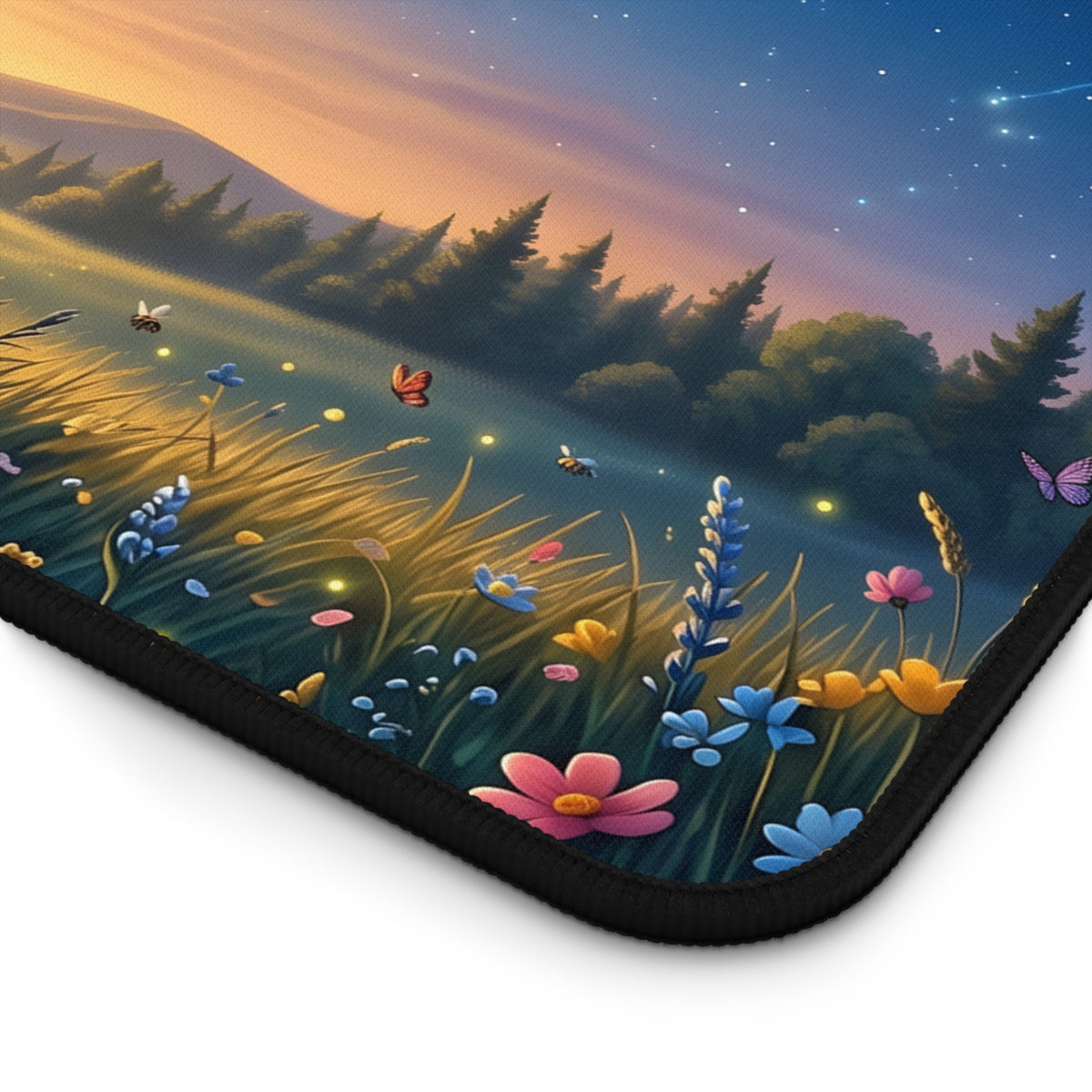 Desk Mat - Cute Night Sky Meteor Shower Scene with Friends, Large Gaming Mouse Pad