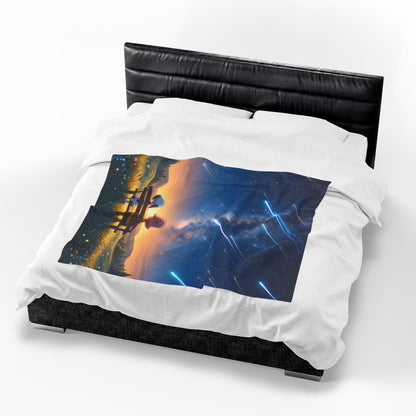 Starry Night Friends Velveteen Plush Blanket — Meteor Shower Illustration