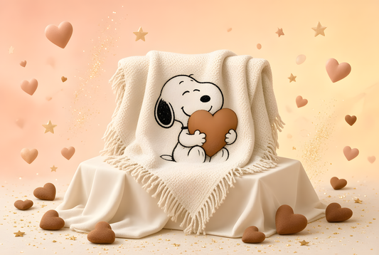 Comic Pup Heart Woven Blanket — Cute Throw for Kids & Fans