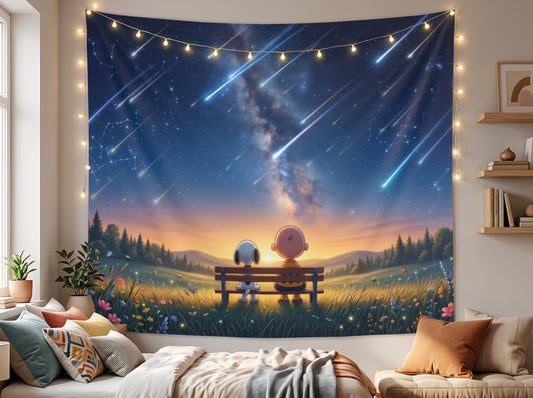 Starry Night Tapestry — Cute Character Meteor Shower Wall Art