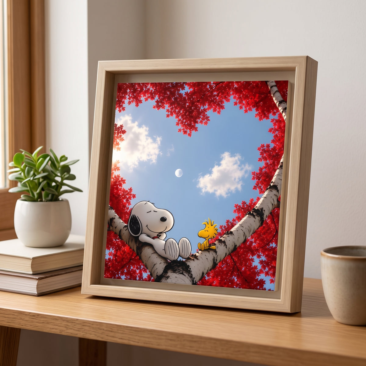 Romantic Heart Tree Framed Canvas — Red Autumn Comic Pup Wall Art