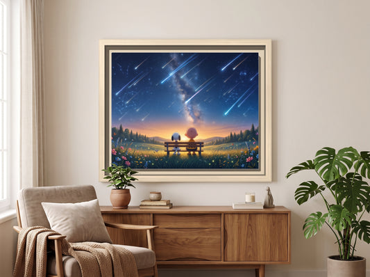 Framed Canvas Art - Romantic Starfall Bench Scene