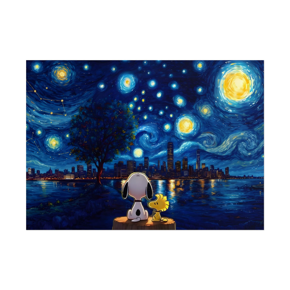 Starry Night Comic Pup Poster – Cute Van Gogh Style Rolled Art Print