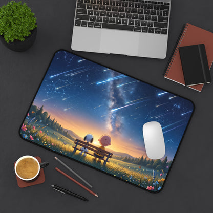 Desk Mat - Cute Night Sky Meteor Shower Scene with Friends, Large Gaming Mouse Pad