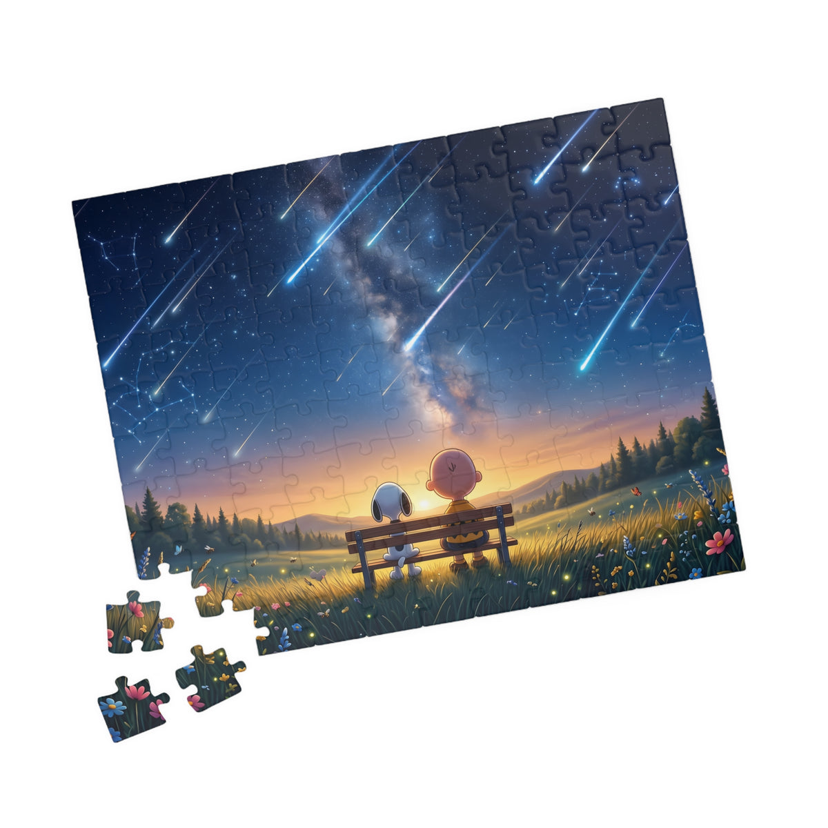 Starry Night Bench Jigsaw Puzzle — Cute Couple Meteor Shower Puzzle (110–1014 Pieces)