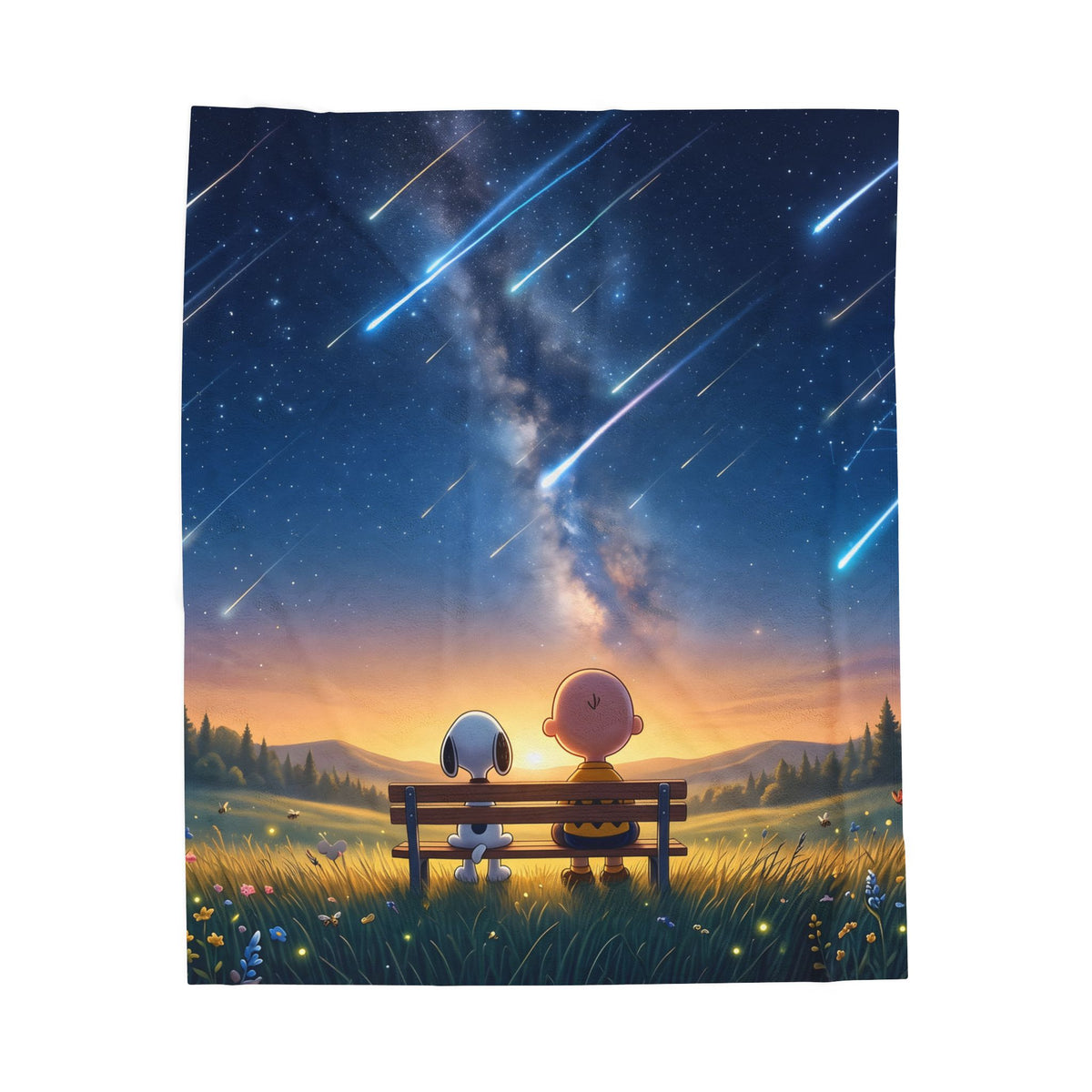 Starry Night Friends Velveteen Plush Blanket — Meteor Shower Illustration