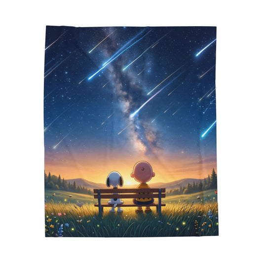 Starry Night Friends Velveteen Plush Blanket — Meteor Shower Illustration