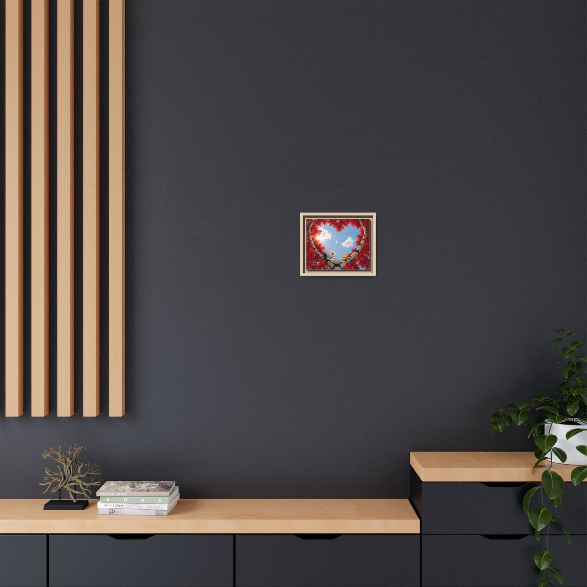 Romantic Heart Tree Framed Canvas — Red Autumn Comic Pup Wall Art