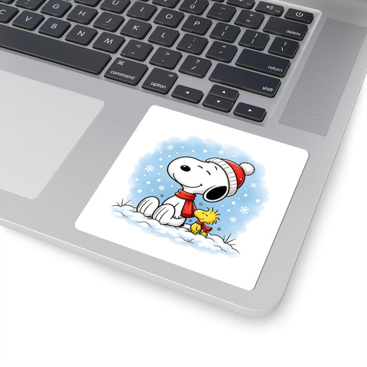 Winter Kiss-Cut Sticker — Holiday Snow Scene Comic Pup Laptop Decal
