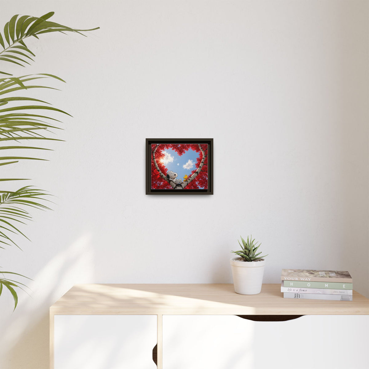 Romantic Heart Tree Framed Canvas — Red Autumn Comic Pup Wall Art