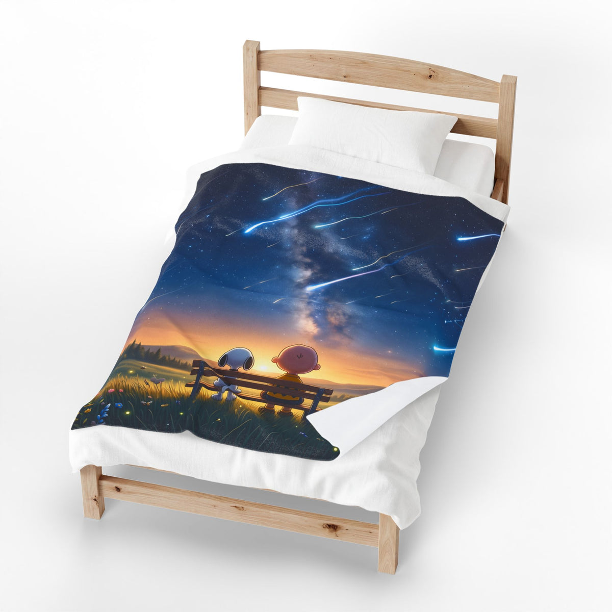 Starry Night Friends Velveteen Plush Blanket — Meteor Shower Illustration