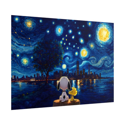 Starry Night Comic Pup Poster – Cute Van Gogh Style Rolled Art Print