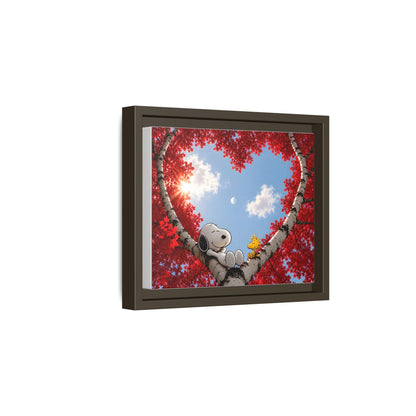 Romantic Heart Tree Framed Canvas — Red Autumn Comic Pup Wall Art