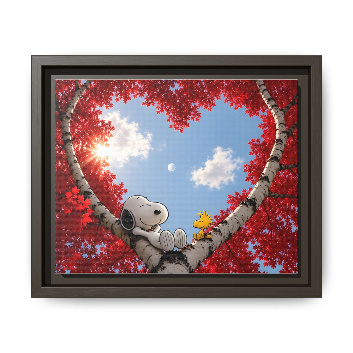 Romantic Heart Tree Framed Canvas — Red Autumn Comic Pup Wall Art