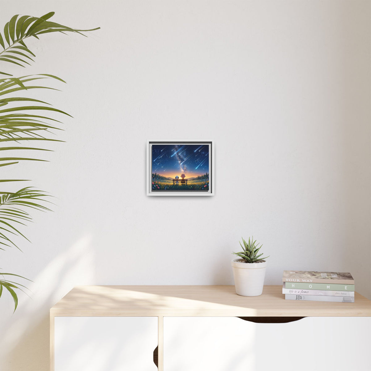 Framed Canvas Art - Romantic Starfall Bench Scene