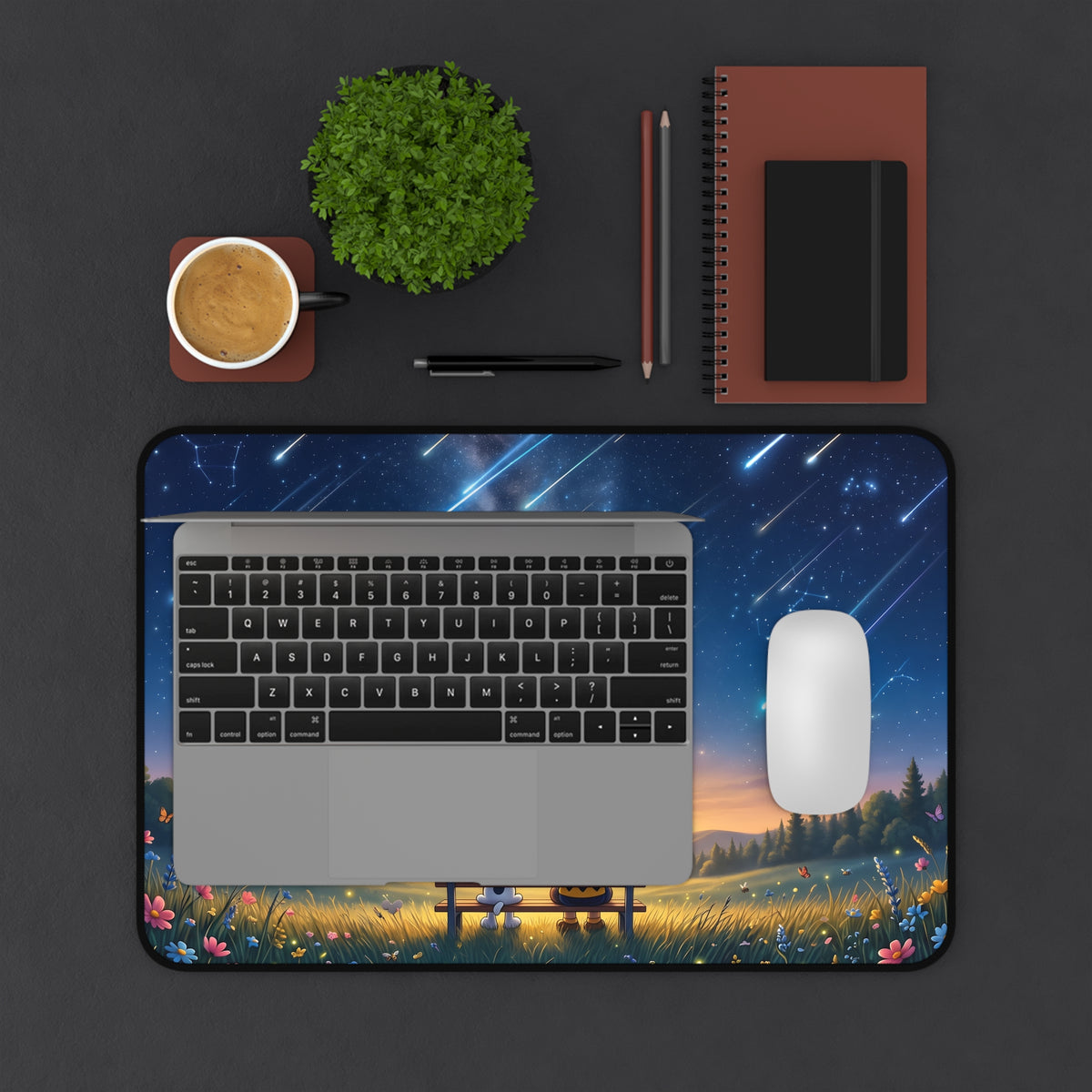 Desk Mat - Cute Night Sky Meteor Shower Scene with Friends, Large Gaming Mouse Pad
