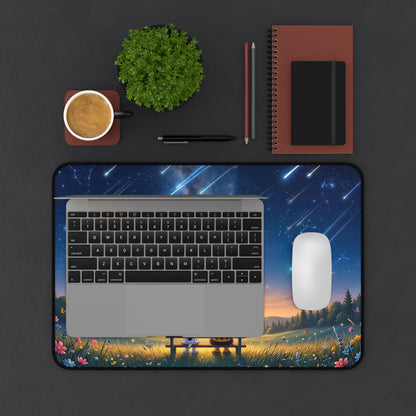 Desk Mat - Cute Night Sky Meteor Shower Scene with Friends, Large Gaming Mouse Pad