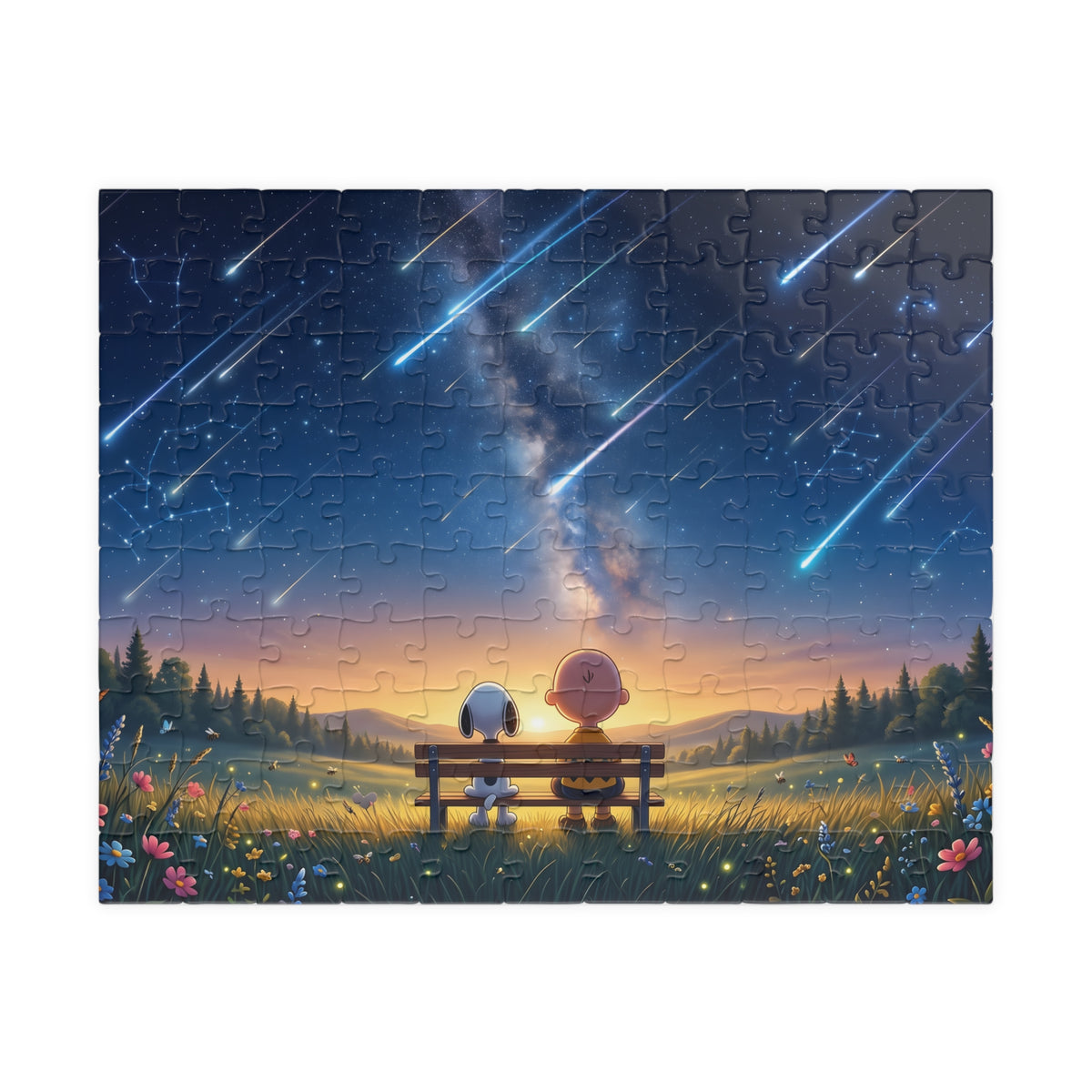 Starry Night Bench Jigsaw Puzzle — Cute Couple Meteor Shower Puzzle (110–1014 Pieces)
