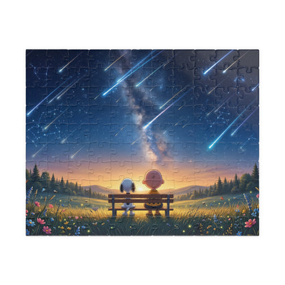 Starry Night Bench Jigsaw Puzzle — Cute Couple Meteor Shower Puzzle (110–1014 Pieces)