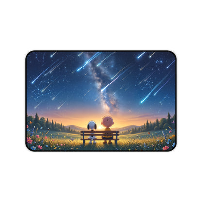 Desk Mat - Cute Night Sky Meteor Shower Scene with Friends, Large Gaming Mouse Pad