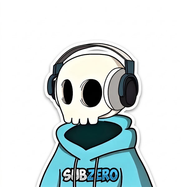 A die-cut sticker featuring a cartoon skull wearing black over-ear headphones and a light blue hoodie with the text 'SUBZERO' on the front, shown on a plain white background.